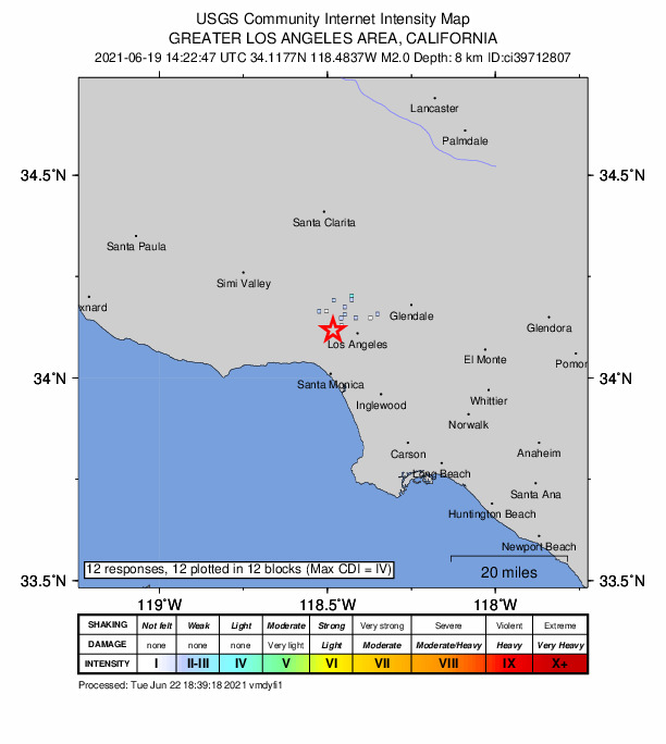 USGS DYFI community-reported intensity map for the M2.0 earthquake near 5km SW of Sherman Oaks, CA
