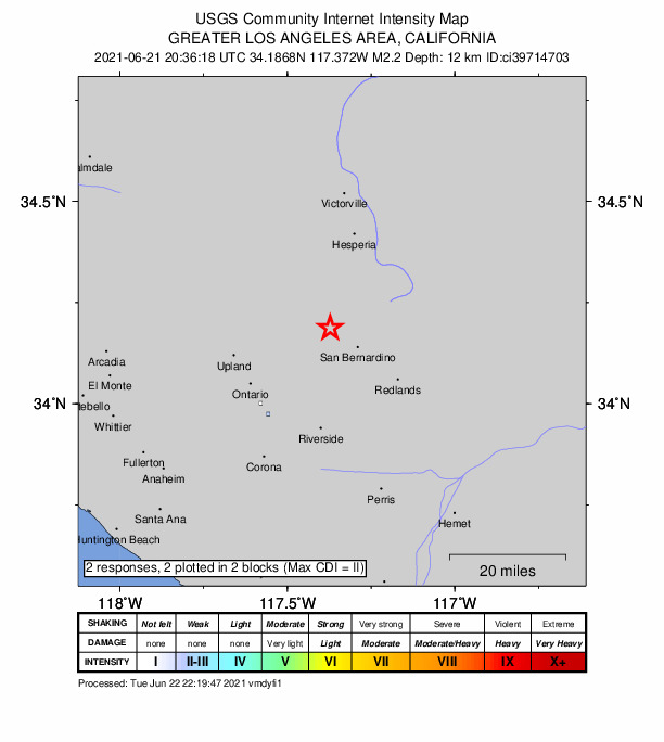USGS DYFI community-reported intensity map for the M2.2 earthquake near 4km NW of Muscoy, CA