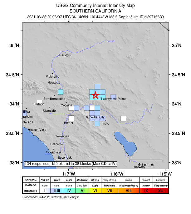 USGS DYFI community-reported intensity map for the M3.6 earthquake near 4km NNW of Yucca Valley, CA