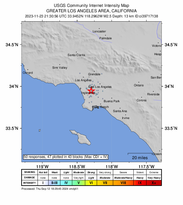 USGS DYFI community-reported intensity map for the M2.5 earthquake near 5 km ESE of Inglewood, CA