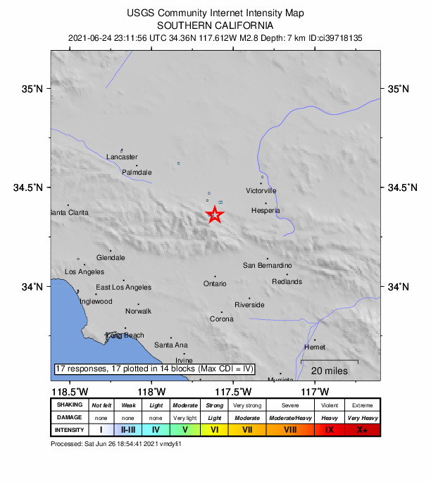 USGS DYFI community-reported intensity map for the M2.8 earthquake near 2km E of Wrightwood, CA