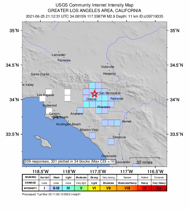 USGS DYFI community-reported intensity map for the M2.9 earthquake near 5km SSE of Rancho Cucamonga, CA