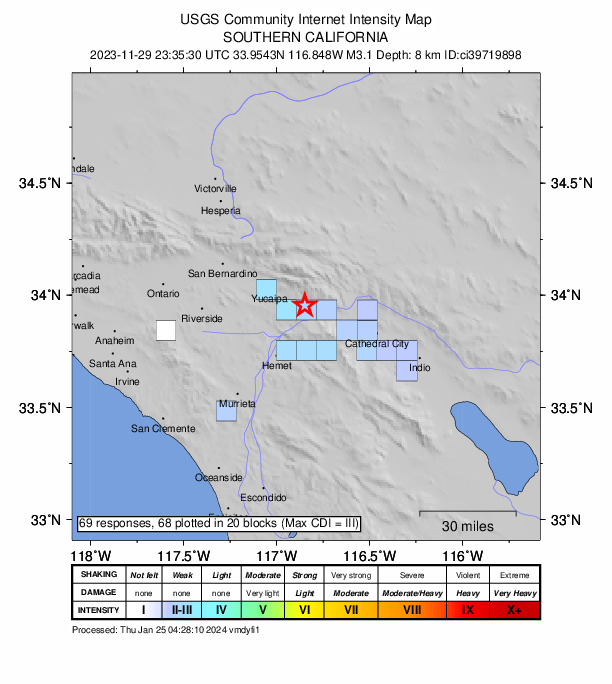 USGS DYFI community-reported intensity map for the M3.1 earthquake near 4 km NE of Banning, CA