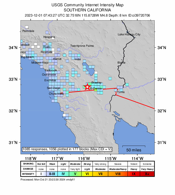 USGS DYFI community-reported intensity map for the M4.8 earthquake near 11 km E of Ocotillo, CA