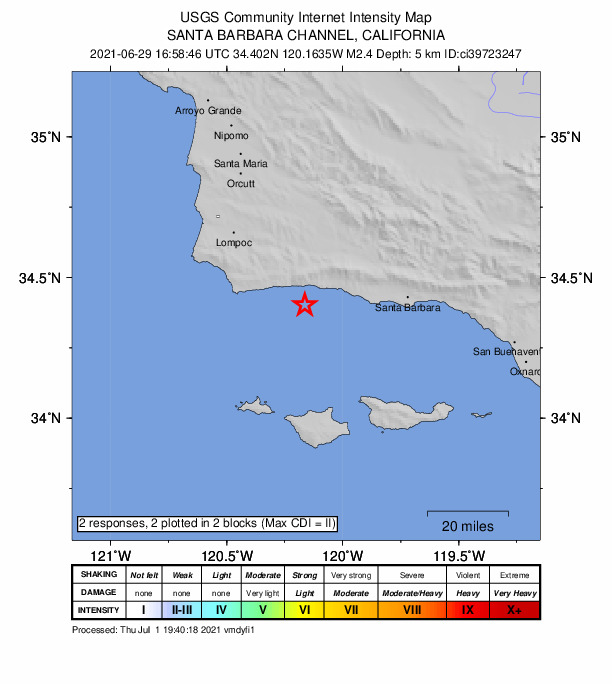 USGS DYFI community-reported intensity map for the M2.4 earthquake near 22km S of Solvang, CA