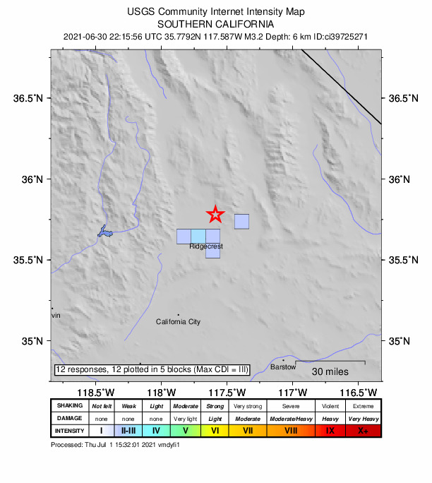 USGS DYFI community-reported intensity map for the M3.2 earthquake near 17km W of Searles Valley, CA