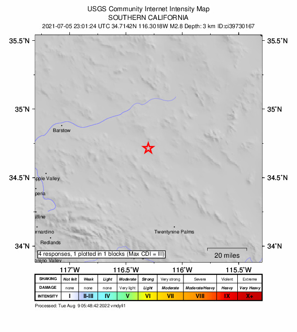 USGS DYFI community-reported intensity map for the M2.8 earthquake near 13km W of Ludlow, CA