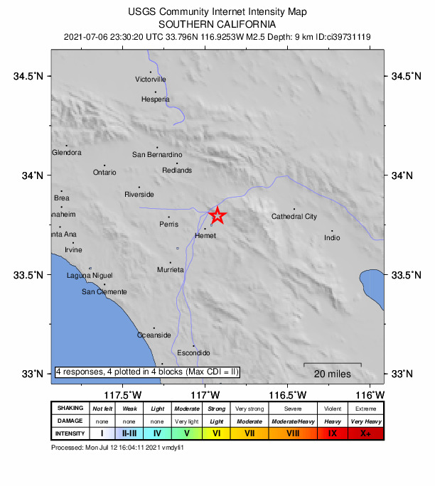 USGS DYFI community-reported intensity map for the M2.5 earthquake near 3km ENE of San Jacinto, CA