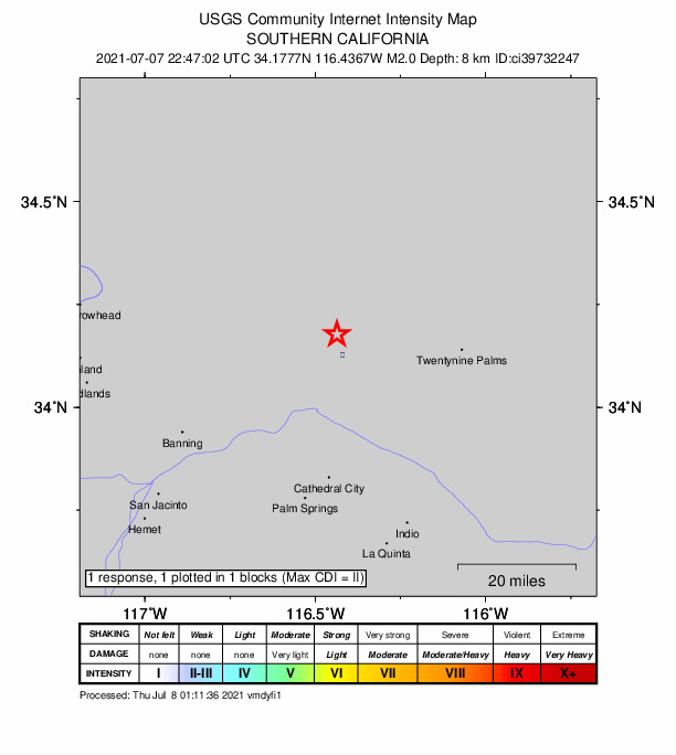USGS DYFI community-reported intensity map for the M2.0 earthquake near 7km N of Yucca Valley, CA