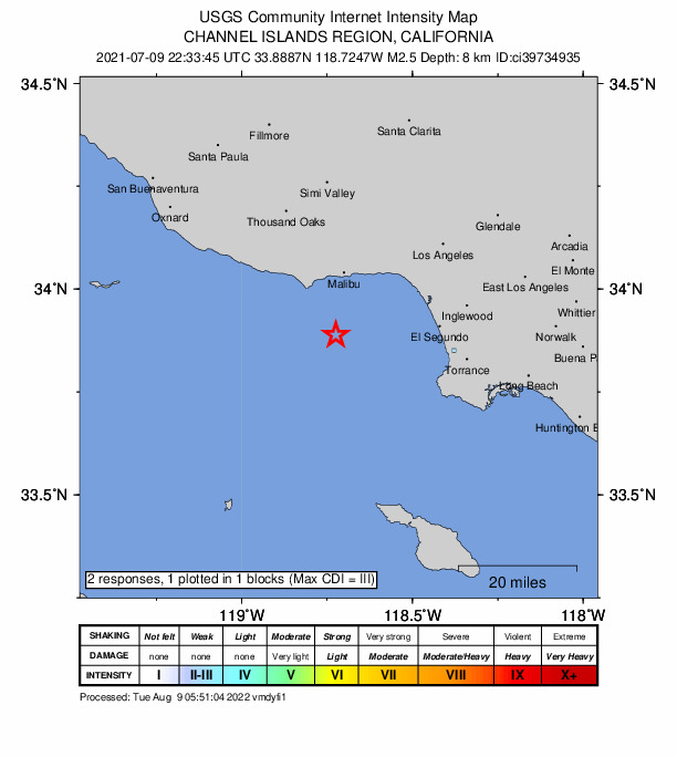 USGS DYFI community-reported intensity map for the M2.5 earthquake near 15km SSE of Malibu, CA
