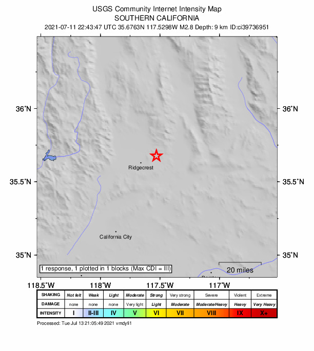 USGS DYFI community-reported intensity map for the M2.8 earthquake near 15km ENE of Ridgecrest, CA