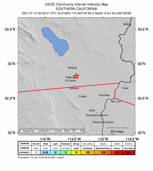 USGS DYFI community-reported intensity map for the M2.2 earthquake near 8km W of Holtville, CA
