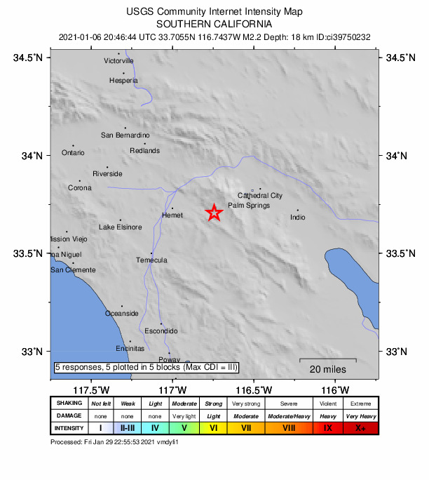 USGS DYFI community-reported intensity map for the M2.2 earthquake near 4km SSW of Idyllwild, CA