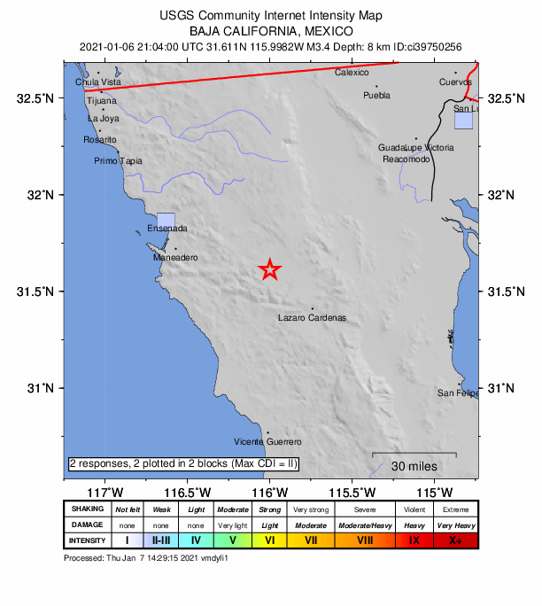 USGS DYFI community-reported intensity map for the M3.4 earthquake near 55km ESE of Maneadero, B.C., MX
