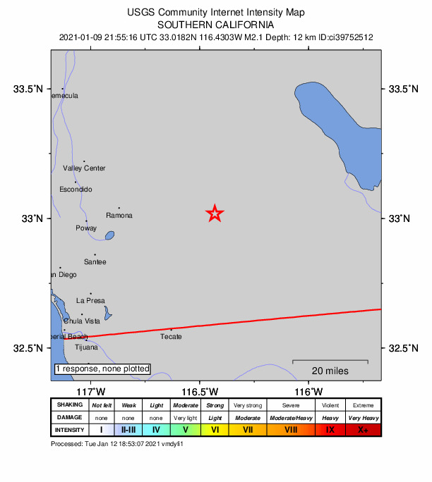 USGS DYFI community-reported intensity map for the M2.1 earthquake near 17km ESE of Julian, CA