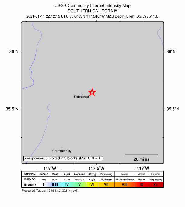USGS DYFI community-reported intensity map for the M2.3 earthquake near 12km ENE of Ridgecrest, CA