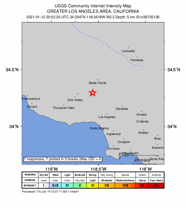 USGS DYFI community-reported intensity map for the M2.2 earthquake near 6km NE of Chatsworth, CA