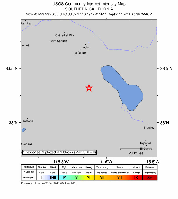 USGS DYFI community-reported intensity map for the M2.1 earthquake near 18 km SSW of Oasis, CA