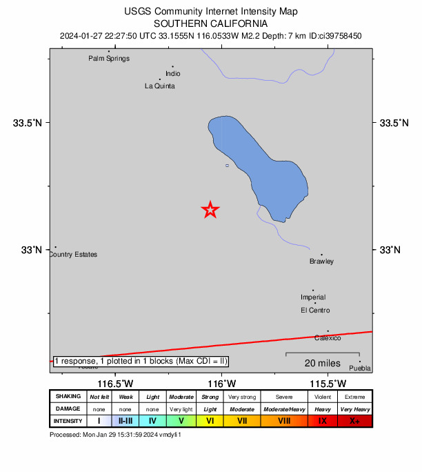 USGS DYFI community-reported intensity map for the M2.2 earthquake near 7 km E of Ocotillo Wells, CA