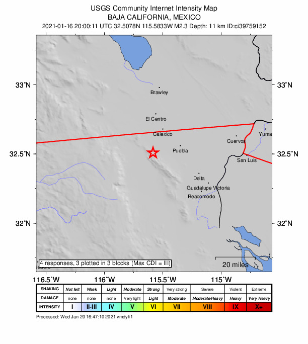 USGS DYFI community-reported intensity map for the M2.3 earthquake near 8km S of Progreso, B.C., MX