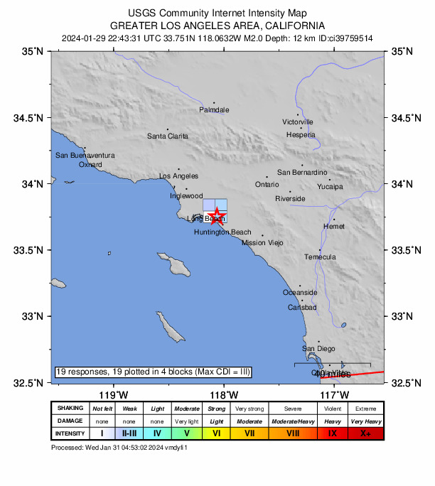 USGS DYFI community-reported intensity map for the M2.0 earthquake near 4 km ENE of Seal Beach, CA