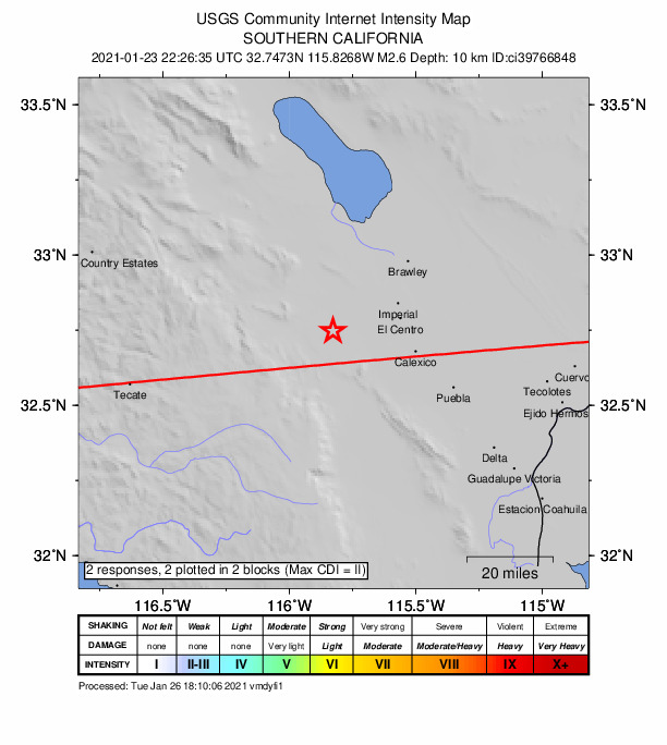 USGS DYFI community-reported intensity map for the M2.6 earthquake near 16km E of Ocotillo, CA