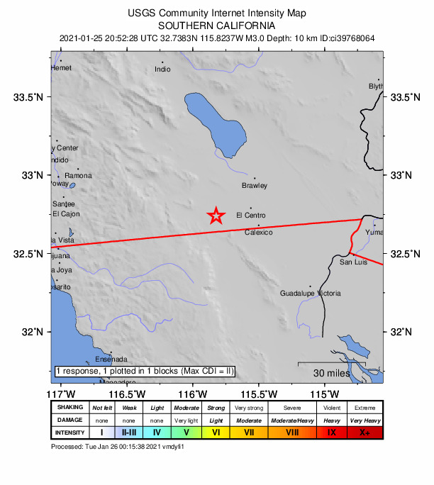 USGS DYFI community-reported intensity map for the M3.0 earthquake near 16km E of Ocotillo, CA