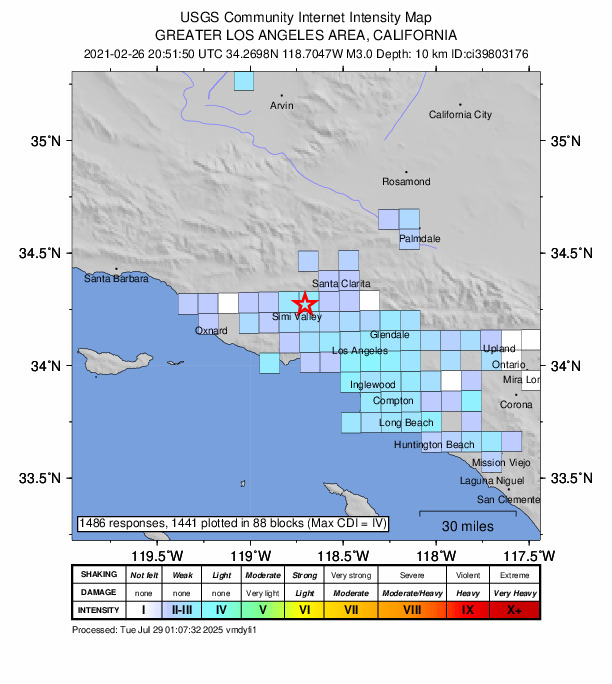 USGS DYFI community-reported intensity map for the M3.0 earthquake near 3km E of Simi Valley, CA
