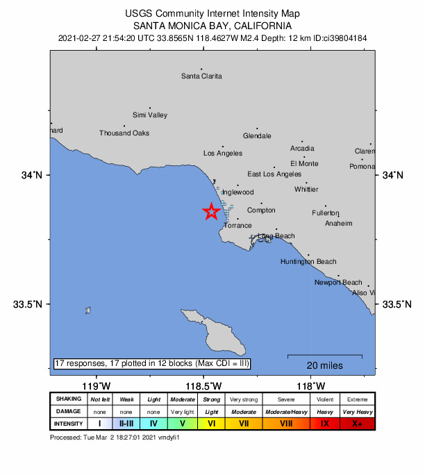 USGS DYFI community-reported intensity map for the M2.4 earthquake near 6km WSW of Manhattan Beach, CA
