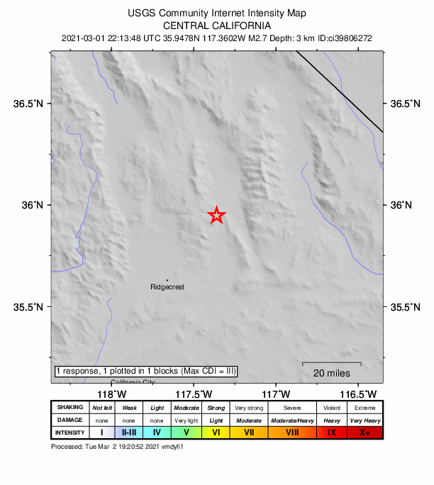 USGS DYFI community-reported intensity map for the M2.7 earthquake near 20km N of Searles Valley, CA