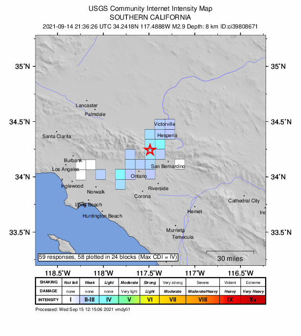 USGS DYFI community-reported intensity map for the M2.9 earthquake near 2km SSE of Lytle Creek, CA