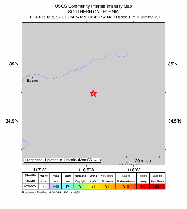 USGS DYFI community-reported intensity map for the M2.1 earthquake near 25km W of Ludlow, CA