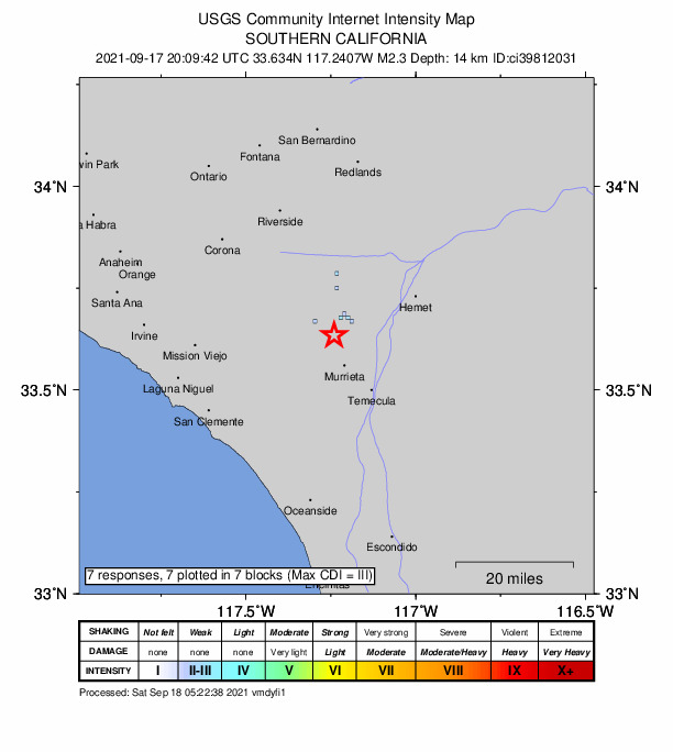 USGS DYFI community-reported intensity map for the M2.3 earthquake near 5km NE of Wildomar, CA