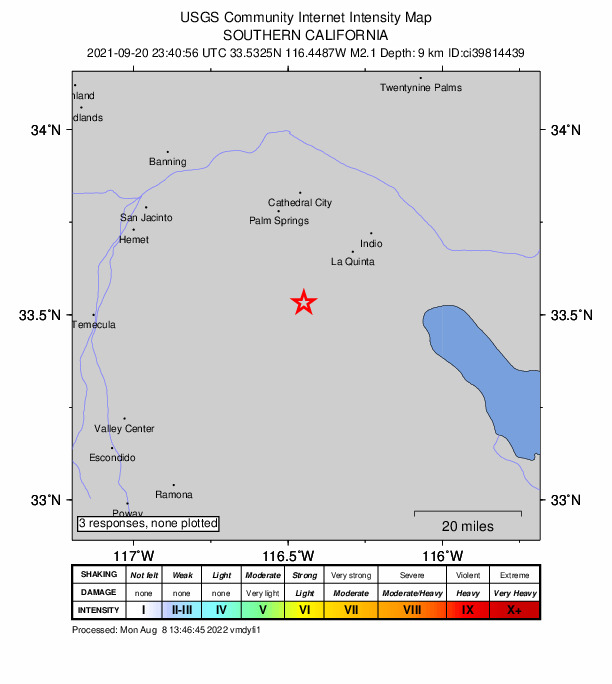 USGS DYFI community-reported intensity map for the M2.1 earthquake near 19km SW of La Quinta, CA