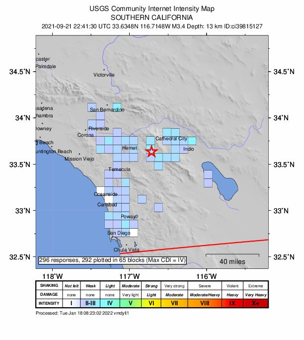 USGS DYFI community-reported intensity map for the M3.4 earthquake near 10km NNW of Anza, CA