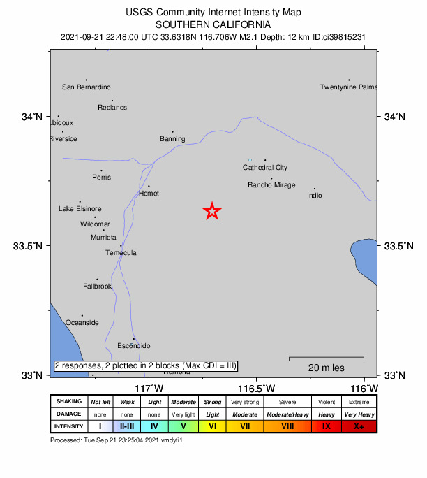 USGS DYFI community-reported intensity map for the M2.1 earthquake near 9km NNW of Anza, CA