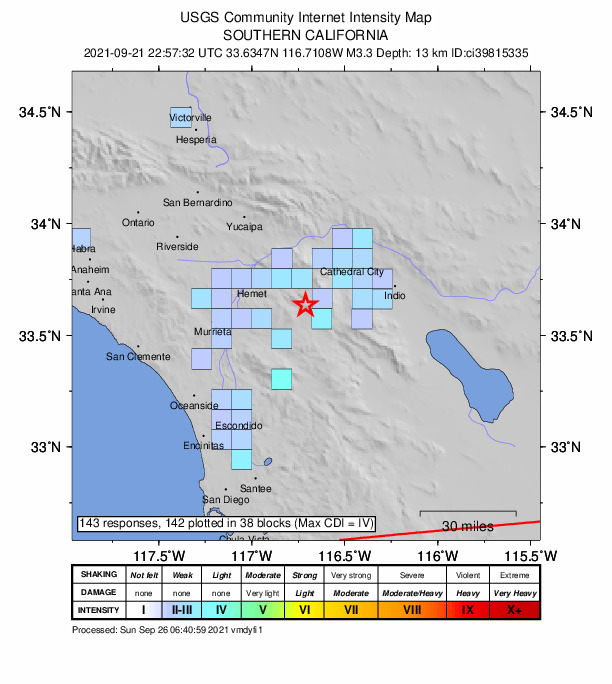 USGS DYFI community-reported intensity map for the M3.3 earthquake near 10km NNW of Anza, CA
