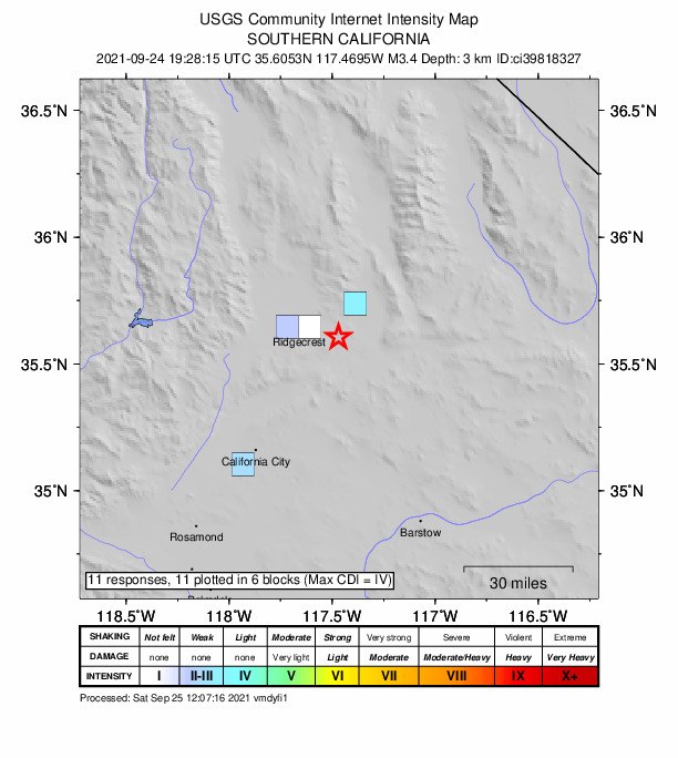 USGS DYFI community-reported intensity map for the M3.4 earthquake near 19km E of Ridgecrest, CA