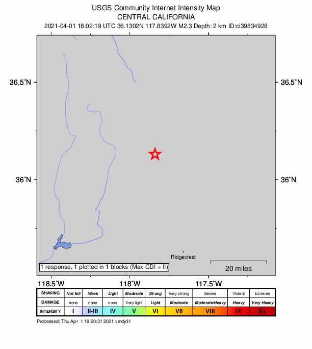 USGS DYFI community-reported intensity map for the M2.3 earthquake near 14km NE of Coso Junction, CA