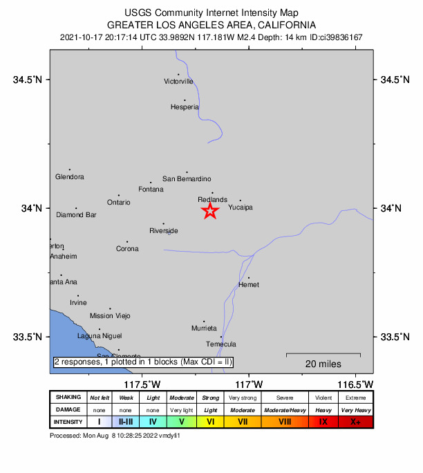 USGS DYFI community-reported intensity map for the M2.4 earthquake near 7km S of Redlands, CA