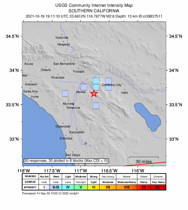 USGS DYFI community-reported intensity map for the M2.8 earthquake near 10km SSW of Idyllwild, CA