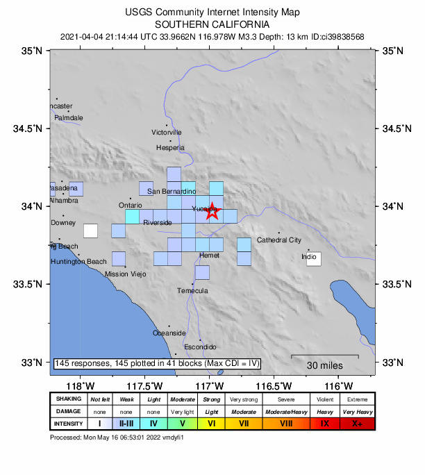 USGS DYFI community-reported intensity map for the M3.3 earthquake near 4km N of Beaumont, CA