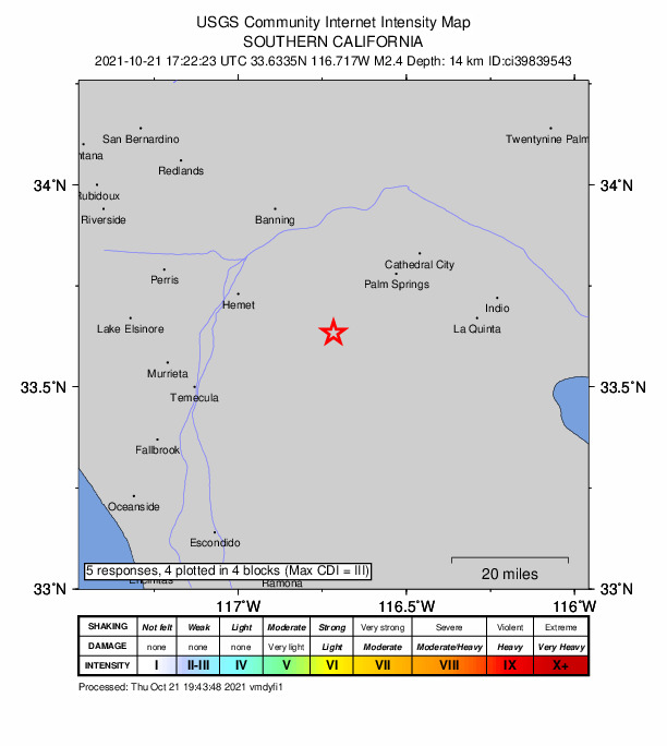 USGS DYFI community-reported intensity map for the M2.4 earthquake near 10km NNW of Anza, CA