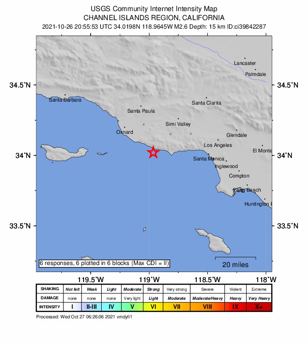 USGS DYFI community-reported intensity map for the M2.6 earthquake near 14km W of Malibu, CA