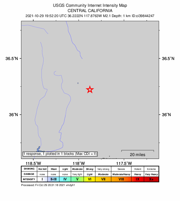 USGS DYFI community-reported intensity map for the M2.1 earthquake near 13km ESE of Olancha, CA