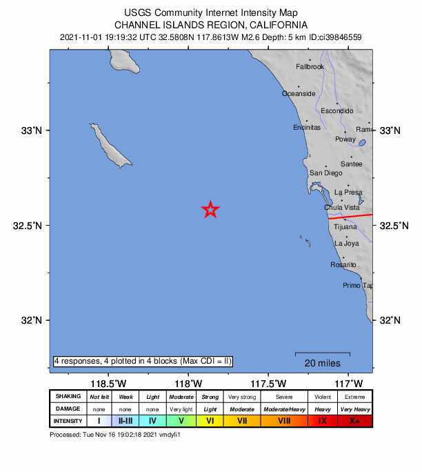 USGS DYFI community-reported intensity map for the M2.6 earthquake near 52km ESE of San Clemente Is. (SE tip), CA