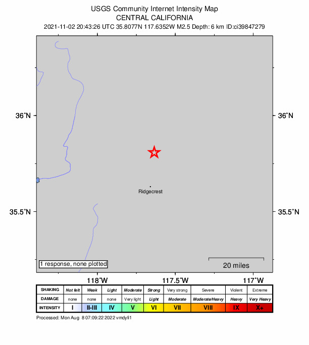 USGS DYFI community-reported intensity map for the M2.5 earthquake near 21km N of Ridgecrest, CA