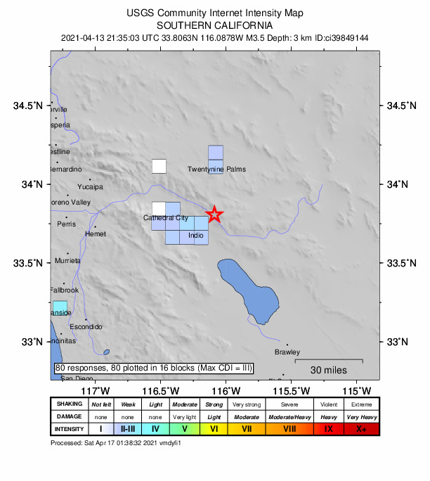 USGS DYFI community-reported intensity map for the M3.5 earthquake near 15km NE of Indio, CA
