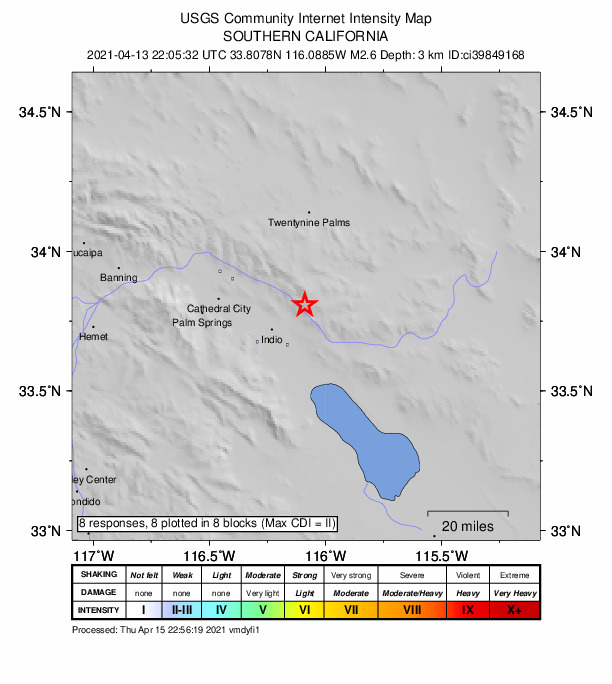 USGS DYFI community-reported intensity map for the M2.6 earthquake near 15km NE of Indio, CA