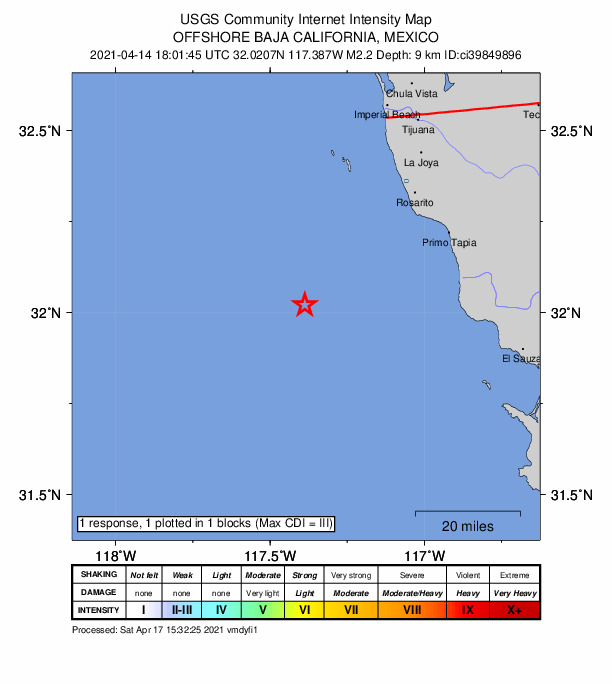 USGS DYFI community-reported intensity map for the M2.3 earthquake near 48km SW of Rosarito, B.C., MX